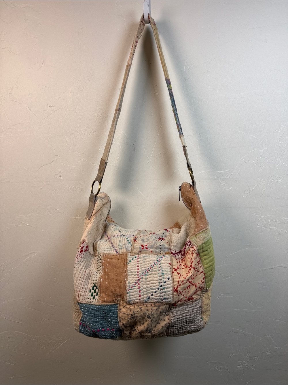 Free People Patchwork Quilted Shoulder Bag in Cream, Tan, Green and Blue